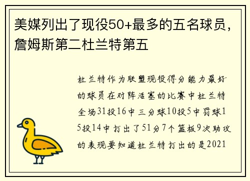 美媒列出了现役50+最多的五名球员，詹姆斯第二杜兰特第五